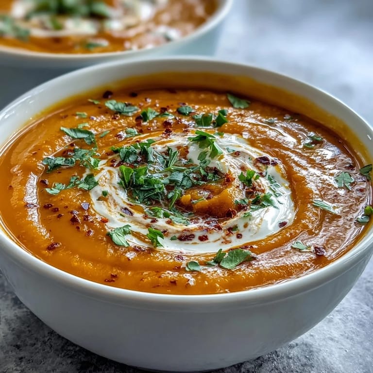 A bowl of golden Carrot and Lentil Soup with a swirl of coconut cream, highlighting the vibrant orange color and smooth texture.