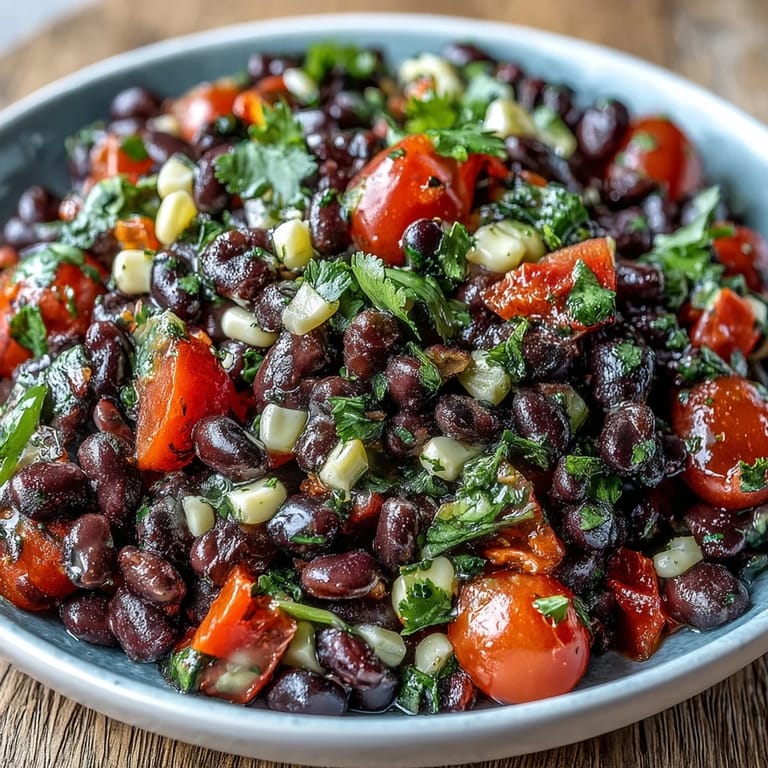 Freshly prepared Cowboy Caviar salad served with crunchy tortilla chips for dipping at a backyard party.