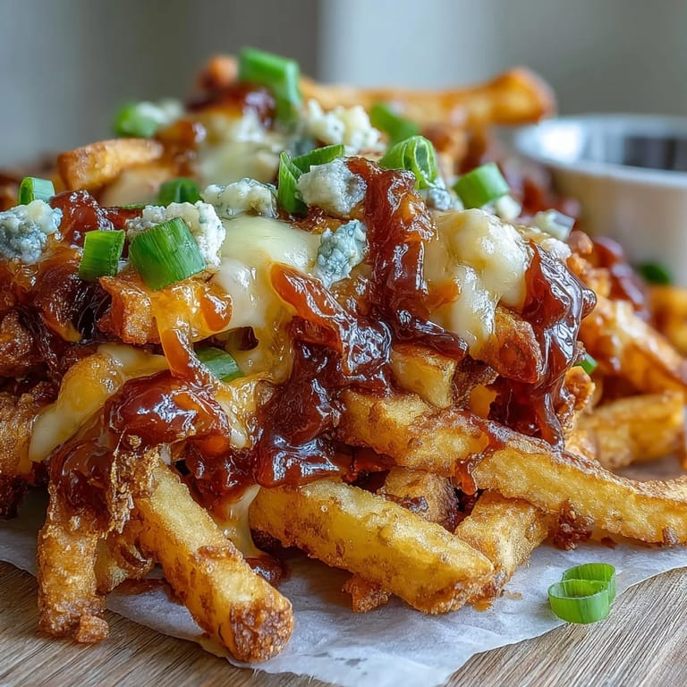 Close-up of Cheesy BBQ Fries with Ranch Dip, showcasing gooey cheese drizzle over seasoned fries and fresh herbs on the creamy dip.  