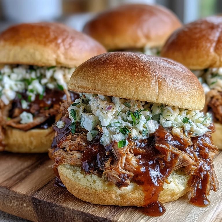Sweet and tangy applesauce pulled pork sandwiches topped with creamy coleslaw, served hot on toasted buns.
