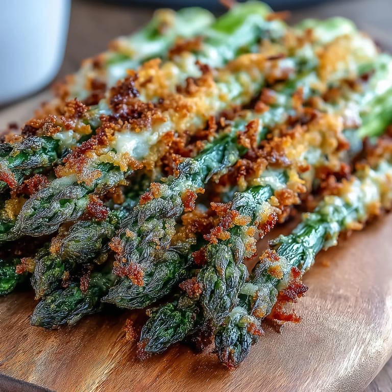 Freshly baked Crispy Asparagus Asiago Spears garnished with parsley and Asiago cheese.