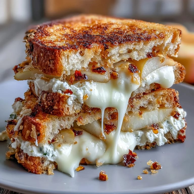 Two halves of a warm Goat Cheese Grilled Cheese with Honey & Chili Flakes reveal melted chèvre, cream cheese, and sweet honey. 