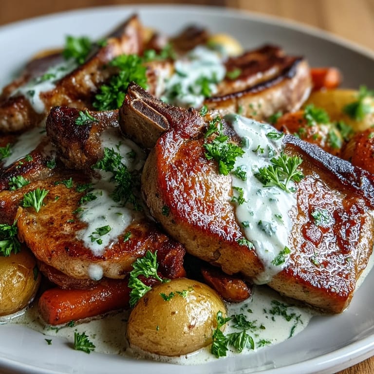 Fork-tender Crockpot Ranch Pork Chops with buttery ranch sauce and carrots in a rustic dish.