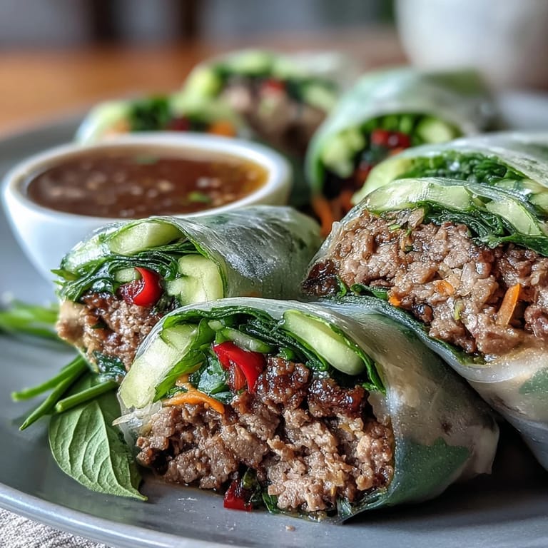 Thai Basil Beef Rolls packed with aromatic herbs and crunchy vegetables, sliced to reveal the savory beef and jasmine rice filling.
