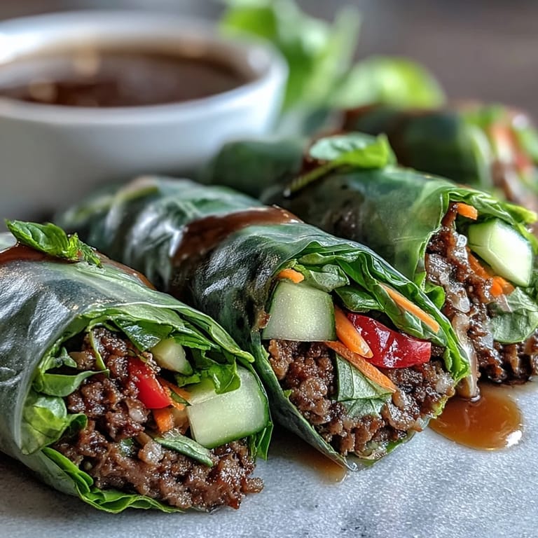 Overhead view of vibrant Thai Basil Beef Rolls, ready to serve with fresh cilantro, basil, and a spicy fish sauce dip.