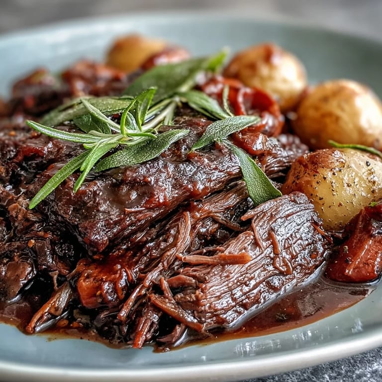 Sliced beef pot roast served over mashed potatoes with fresh parsley garnish and a side of crusty bread.