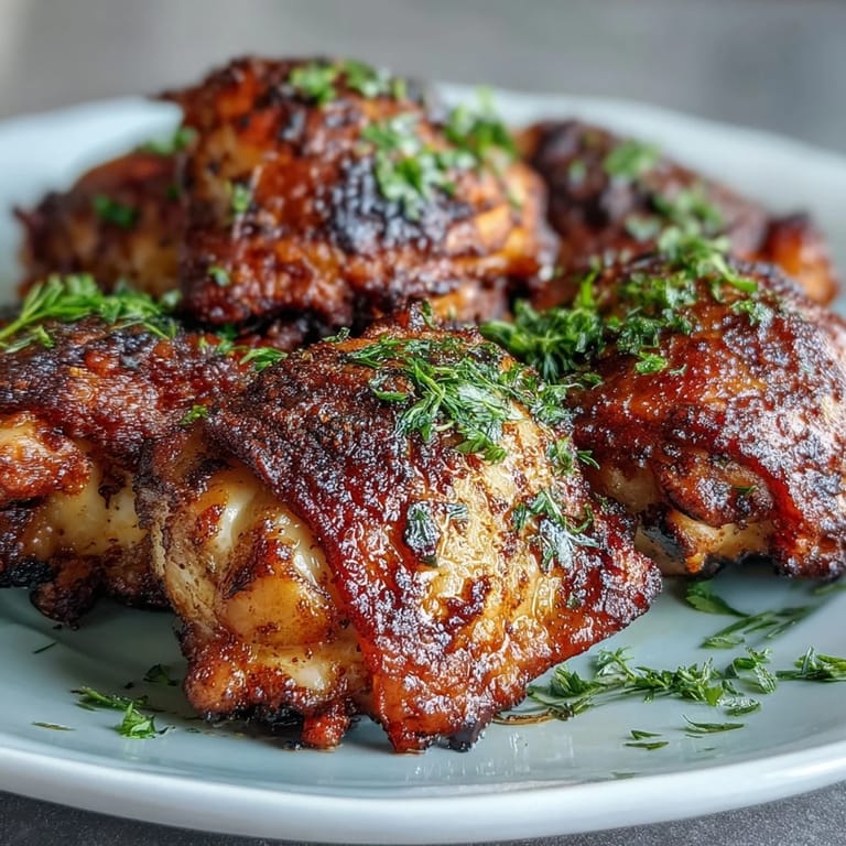 Overhead view of Crispy Baked Bone-In Chicken Thighs resting on a wire rack, highlighting smoky paprika seasoning and herbs.