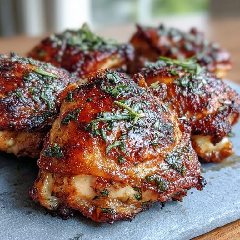 Easy dinner of Crispy Baked Bone-In Chicken Thighs, oven-baked and broiled for extra crispness, plated with fresh parsley garnish.