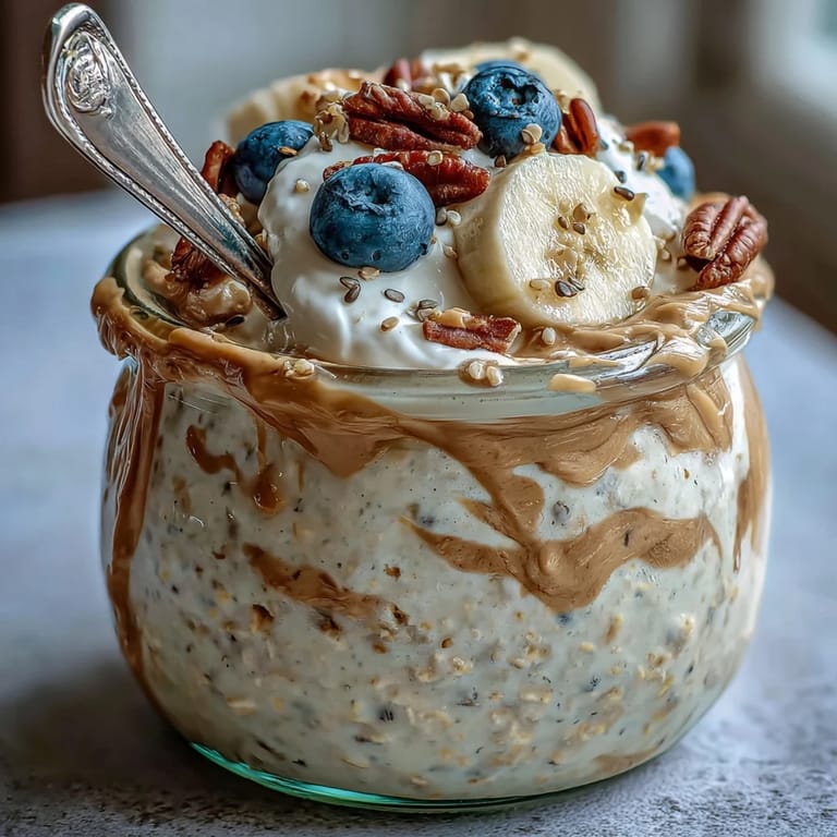 This High-Protein Peanut Butter Overnight Oats breakfast is layered with oats and drizzled with honey for an easy morning.