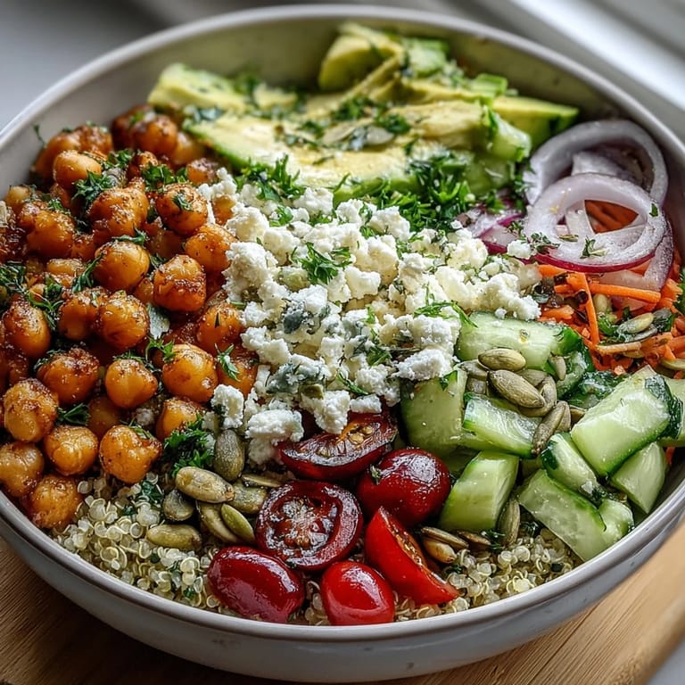 Hearty Simple Grain Bowl with farro, pan-seared tofu, cucumber, pumpkin seeds, and creamy feta.
