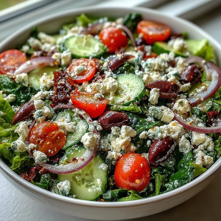 Fresh Mediterranean Green Salad Bowl topped with crumbled feta, ripe cherry tomatoes, and sliced cucumbers for a light lunch.