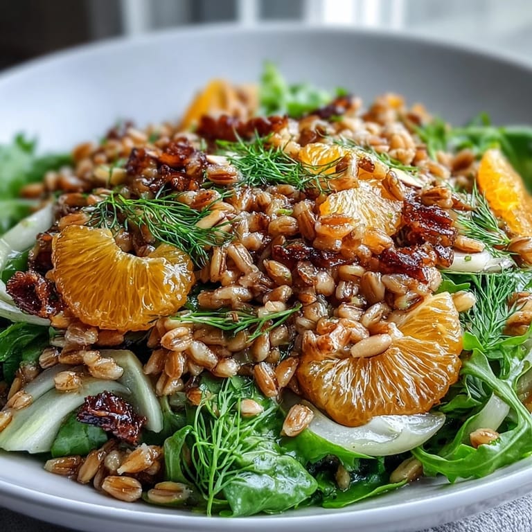 A colorful bowl of Farro Salad with Fennel, Oranges & Almonds, featuring juicy citrus and crisp fennel on a bed of hearty greens.