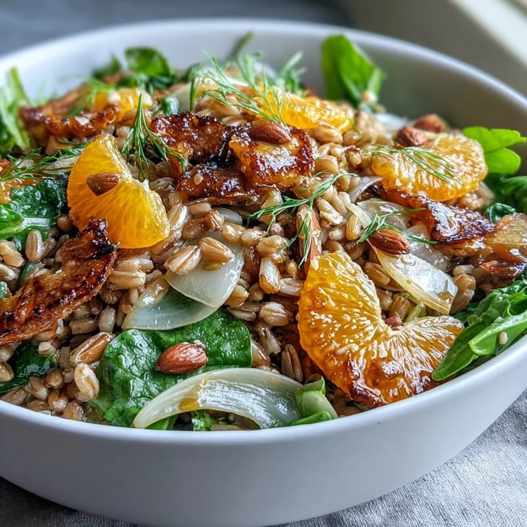 Freshly prepared Farro Salad Bowl with Fennel, Oranges & Almonds, showcasing nutty grains, vibrant orange segments, and crunchy toasted almonds.