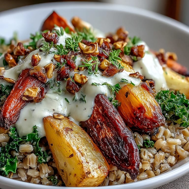 Overhead view of a colorful winter grain bowl filled with roasted carrots, parsnips, sweet potatoes, and greens, topped with pumpkin seeds and feta cheese.