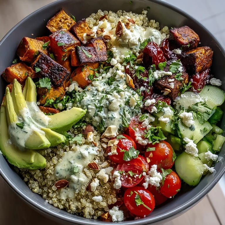 Colorful Customizable Grain Bowl with grilled chicken, crisp cucumber, and cherry tomatoes over fluffy quinoa.