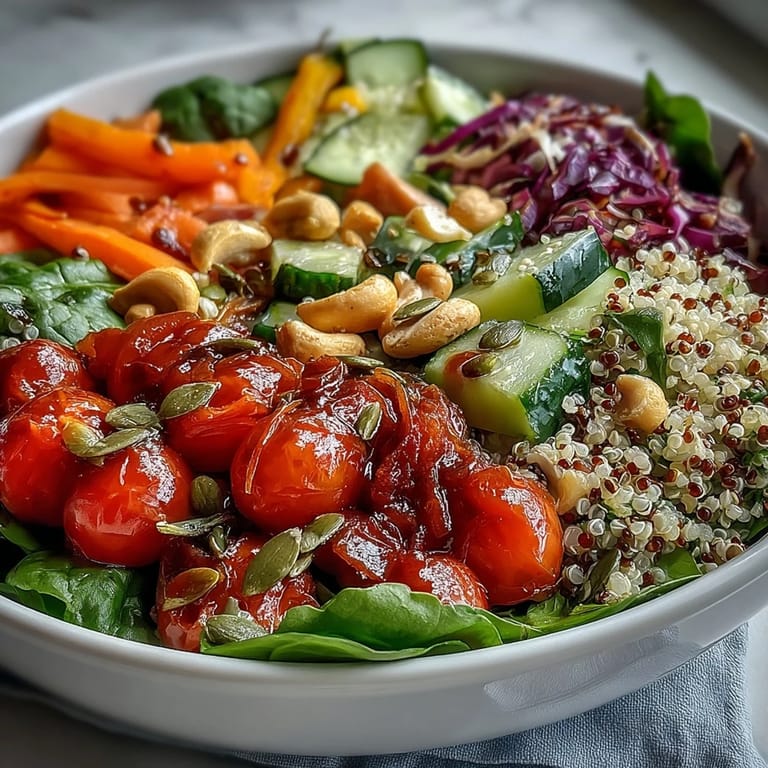 Overhead view of the Rainbow Salad Bowl, featuring a colorful medley of vegetables, beans, and crunchy nuts arranged on a white platter.