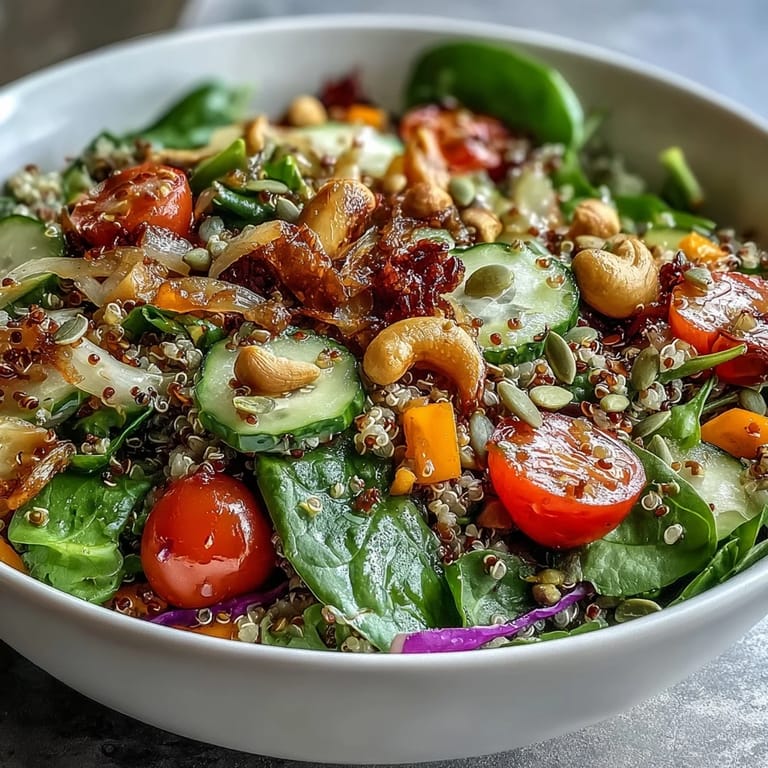 Top-down shot of a freshly tossed Rainbow Salad Bowl, with glistening dressing and bright herbs garnishing the wholesome ingredients.