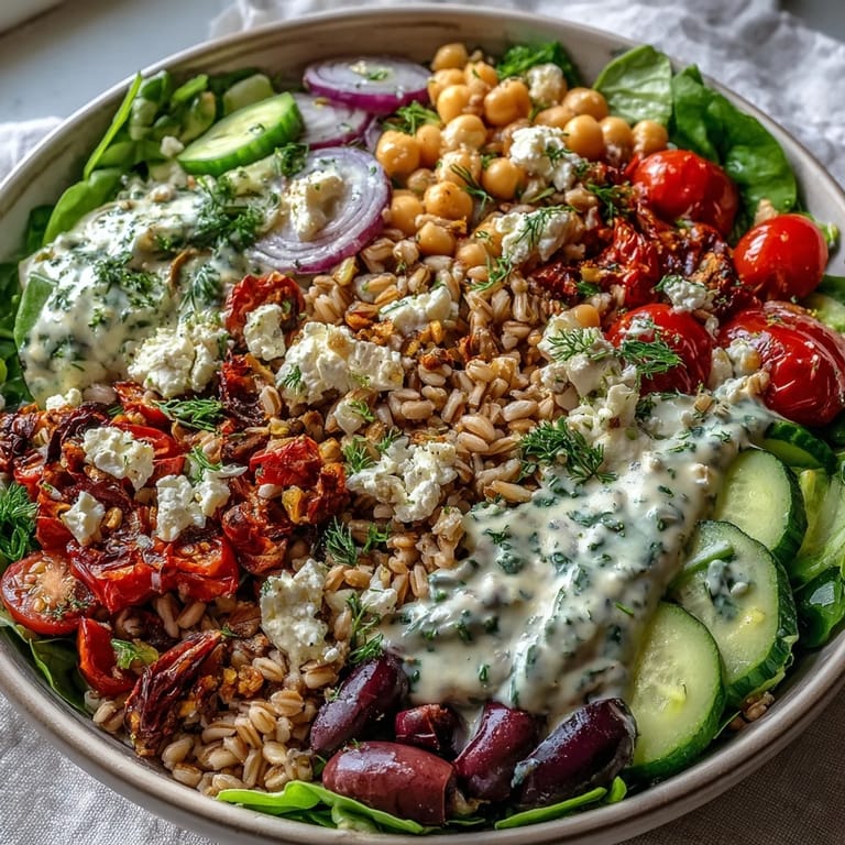 A nourishing Mediterranean farro bowl topped with crumbled feta, olives, and parsley, perfect for a quick vegetarian lunch.