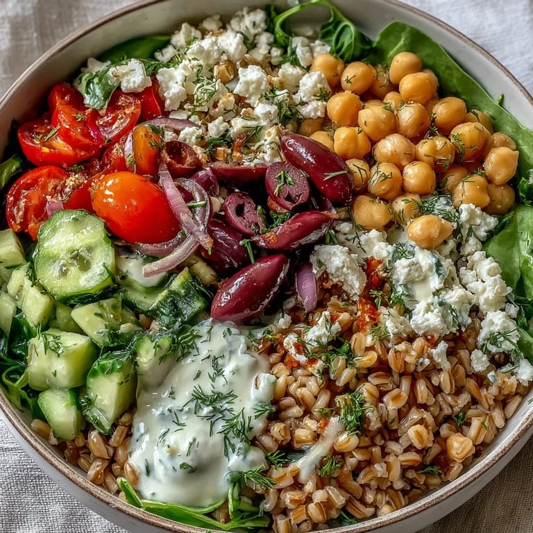 Fresh Mediterranean farro bowl with spinach and bell peppers, drizzled with lemon-tahini dressing and ready to enjoy.