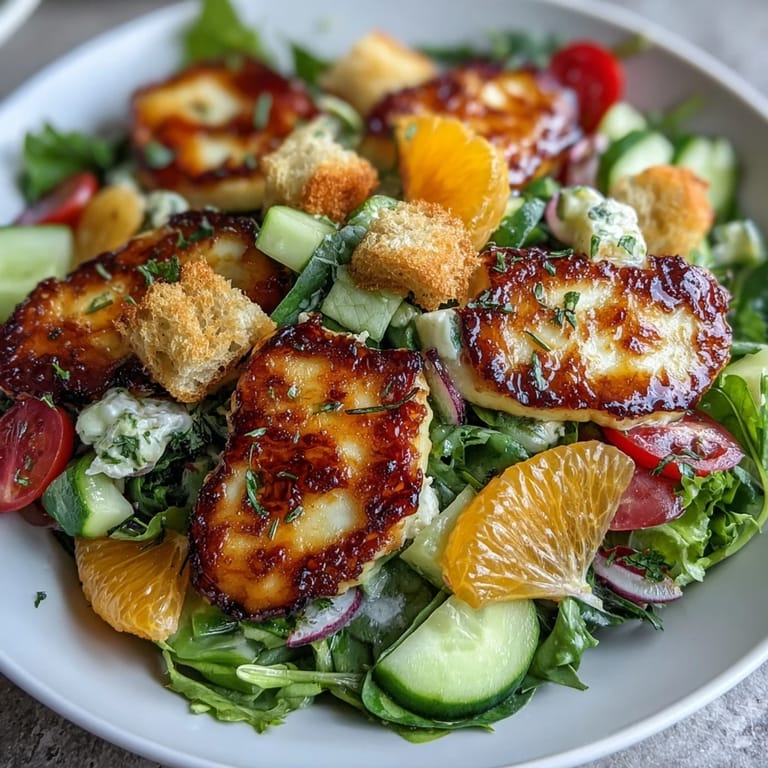 Colorful Halloumi Blood Orange Fattoush salad with cucumbers, tomatoes, and radishes served on a rustic platter.