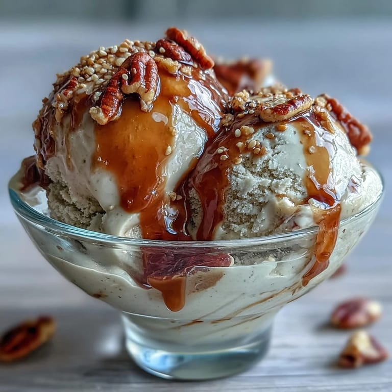 Close-up of hojicha affogato featuring creamy vanilla ice cream, steamy roasted tea, and crushed almonds as garnish.