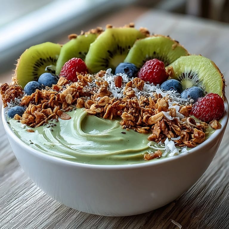 Creamy Hojicha Smoothie Bowl made with roasted tea powder, sliced fruit, and chia seeds.