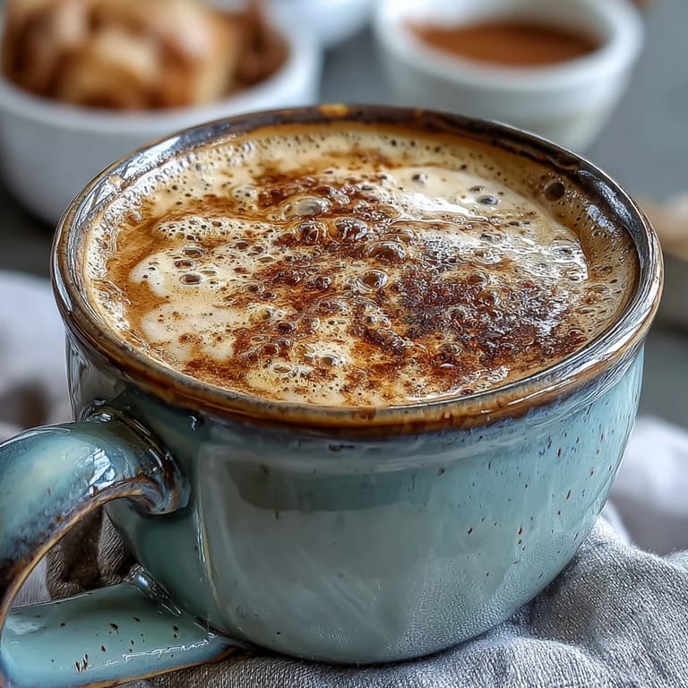 Oat milk hojicha latte with vanilla extract garnished with a sprinkle of matcha beside a pastry.