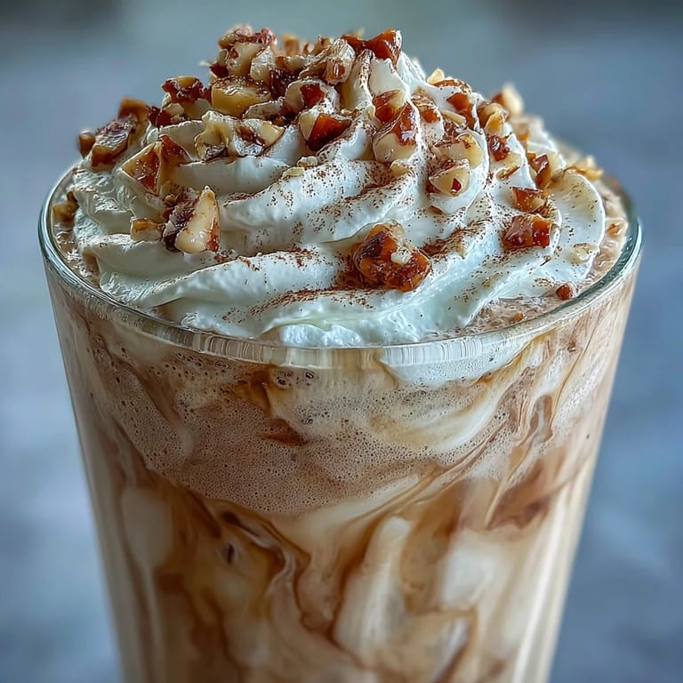 A cold Hojicha milkshake topped with crushed nuts, ready to sip with a colorful straw.