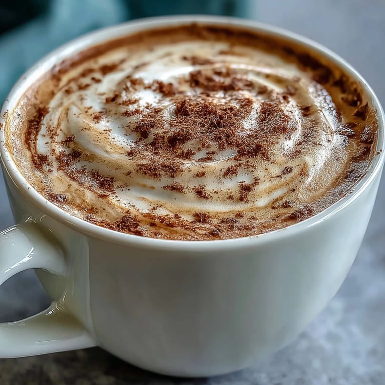 Velvety microfoam crowns this Hojicha Flat White, poured into a white ceramic mug for a cozy afternoon treat.