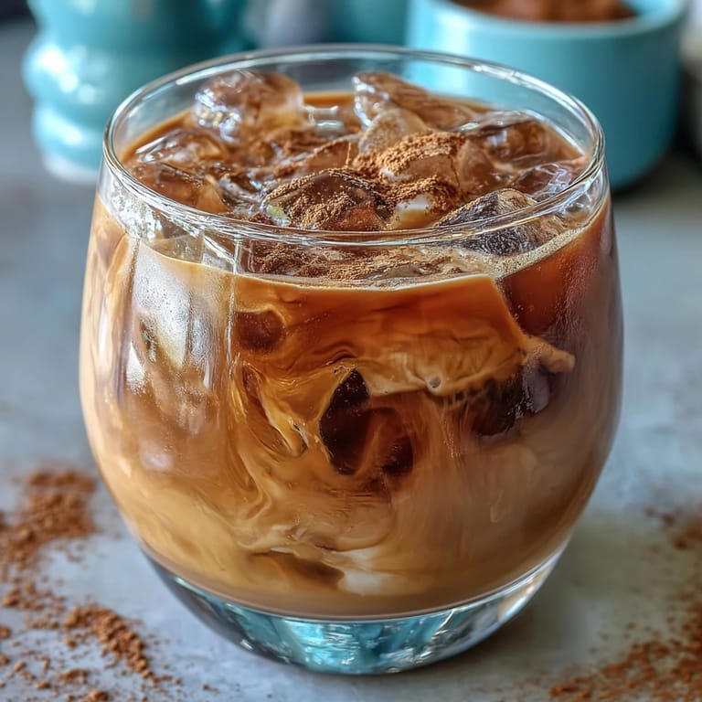 Pouring creamy oat milk into a glass of homemade Iced Hojicha with Cinnamon, garnished with a light sprinkle of ground spice.