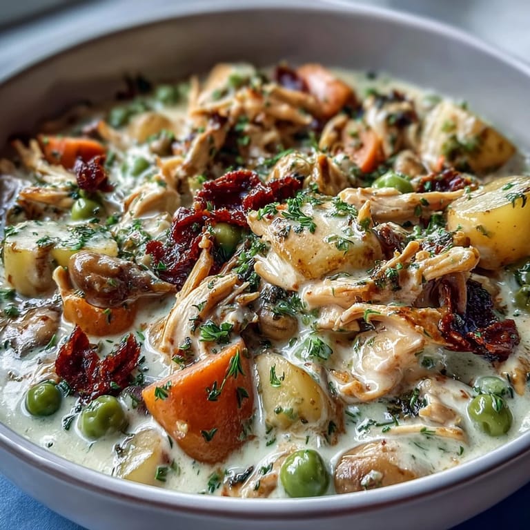 Slow cooker chicken pot pie soup brimming with diced potatoes, carrots, and peas in a velvety cream base, served with golden puff pastry.