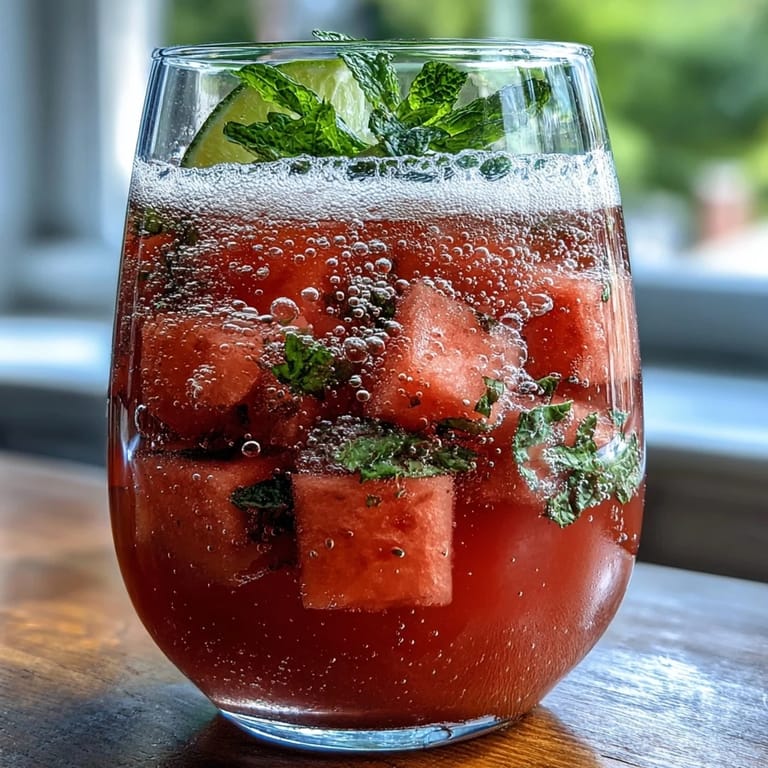 Vibrant watermelon-lime sparkling punch with fresh mint, served over ice in a clear glass pitcher for a refreshing summer drink.