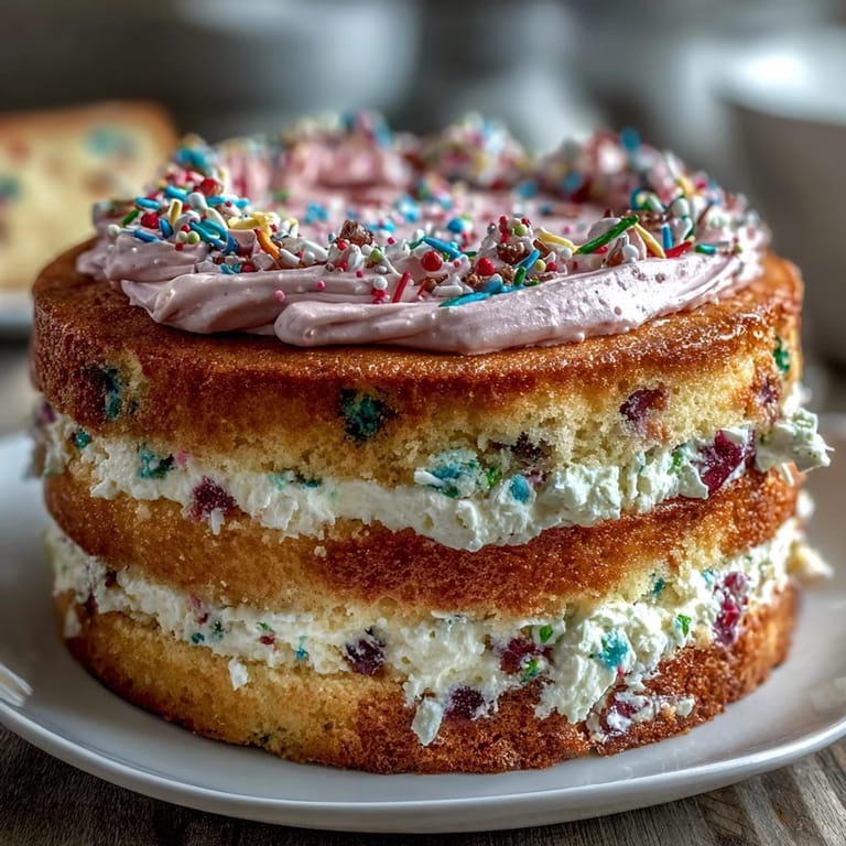Vibrant Spring Funfetti Cake with pastel buttercream, featuring rainbow sprinkles and a festive, whimsical design.