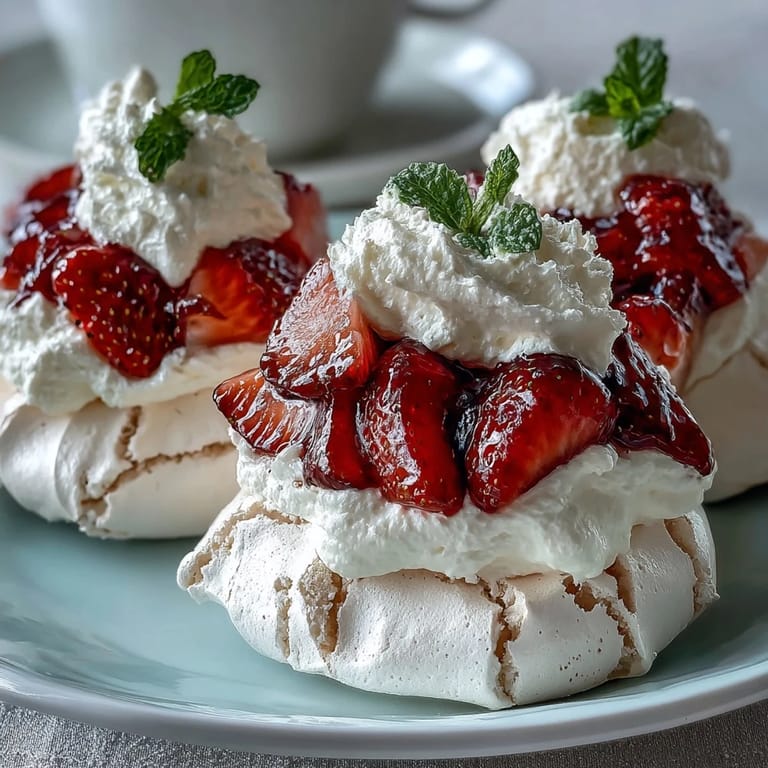 Golden-brown meringue nests topped with fresh strawberries and billowy vanilla cream, a light and elegant dessert for any occasion.