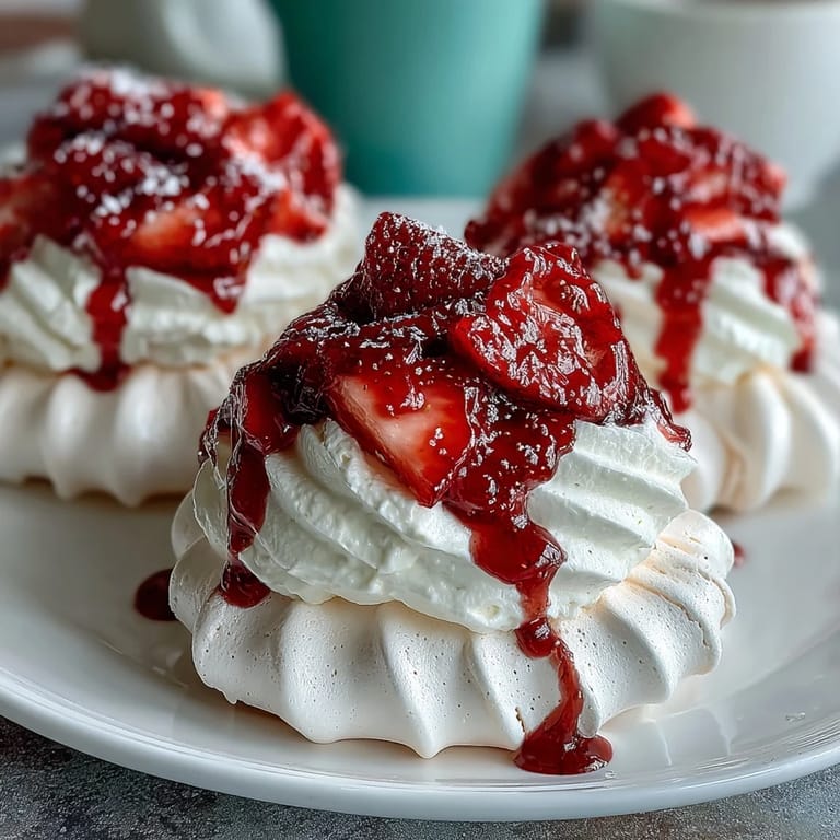 Crispy, marshmallowy mini pavlovas crowned with sweetened whipped cream and vibrant strawberries, perfect for spring celebrations or afternoon tea.