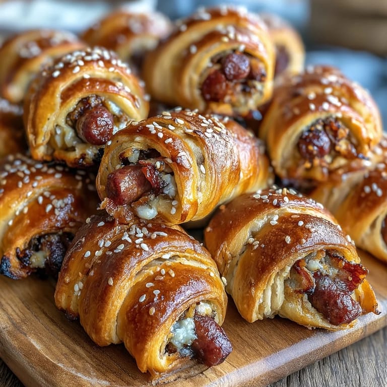 Bite-sized cocktail sausages nestled in buttery crescent dough, baked until golden and paired with a creamy mustard-honey sauce for irresistible flavor.