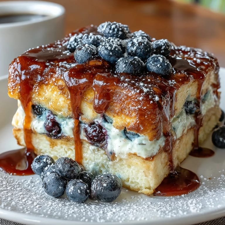 Oven-Baked Blueberry Pancake Casserole, a comforting one-pan breakfast with sweet blueberries, fluffy texture, and a golden-brown top.