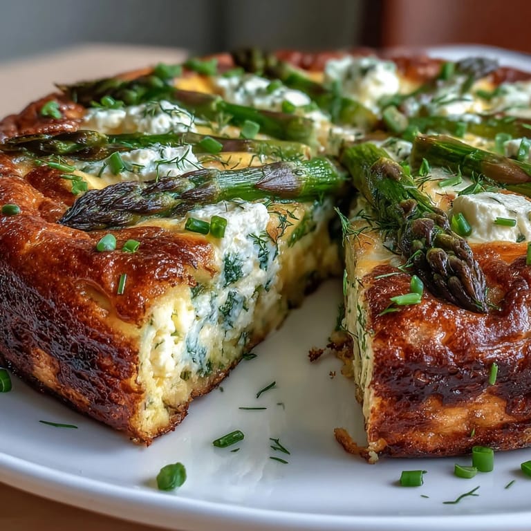 Spring Brunch Frittata with Asparagus and Goat Cheese: Fluffy eggs with fresh asparagus, tangy goat cheese, and vibrant herbs make a perfect spring brunch centerpiece.
