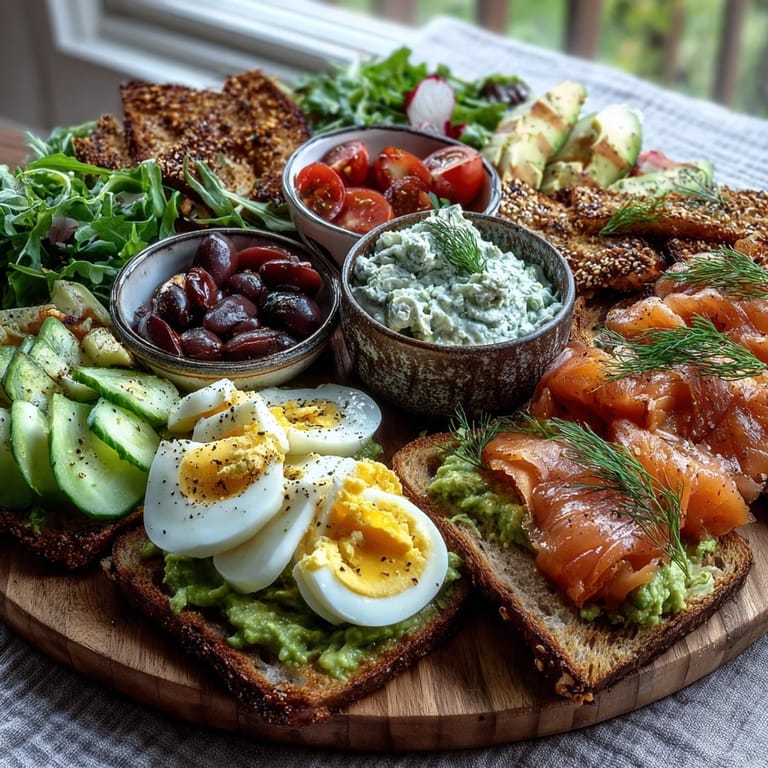 Colorful Spring Brunch Avocado Toast Board with Smoked Salmon, featuring rustic bread, fresh veggies, and customizable toppings for a perfect morning spread.