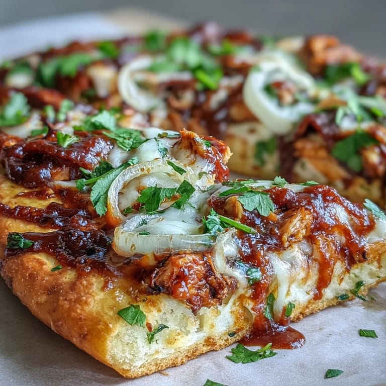 Crispy flatbread pizza loaded with tender BBQ chicken, vibrant bell peppers, red onion, and a finishing touch of fresh cilantro.