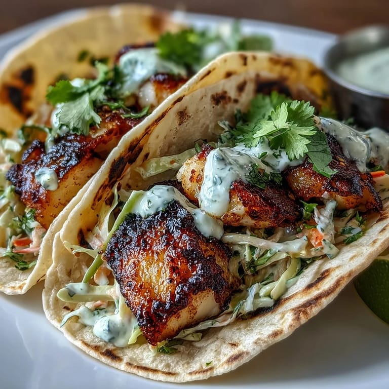 Zesty grilled fish tacos marinated in coconut milk and lime, topped with crisp cabbage-carrot slaw and creamy coconut lime crema.