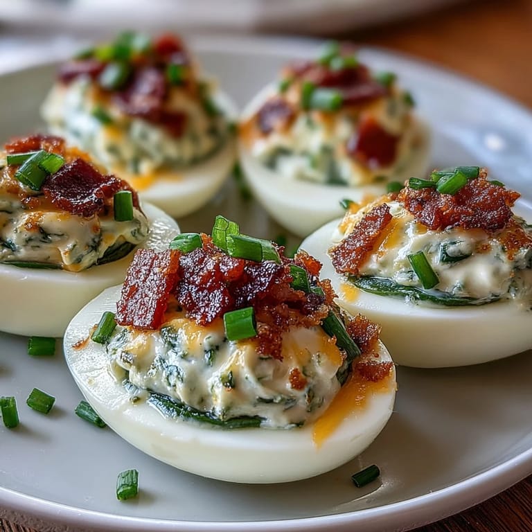 Creamy jalapeño popper deviled eggs topped with crispy bacon and fresh jalapeño slices for a bold appetizer.