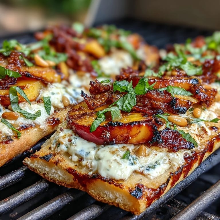 Sweet grilled peaches and creamy Brie cheese melt together on BBQ-sauced flatbread, finished with red onion and fresh arugula for a savory-sweet appetizer.