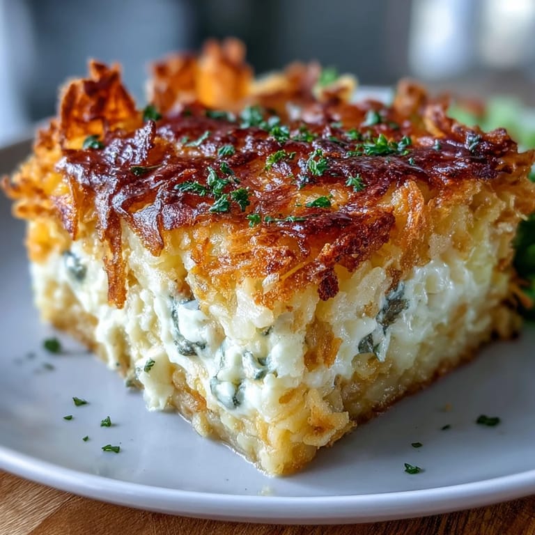 Savory cheesy hash brown casserole with tender potatoes, rich cream sauce, and golden buttered cornflakes.