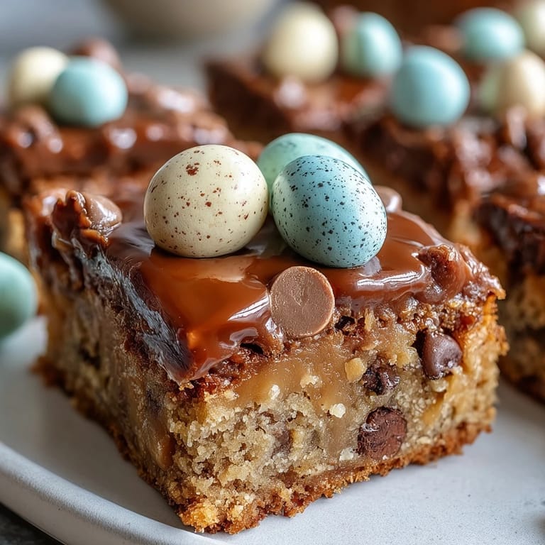 Soft and chewy peanut butter cookie bars loaded with pastel Easter egg candies, cut into squares and stacked on a dessert platter.