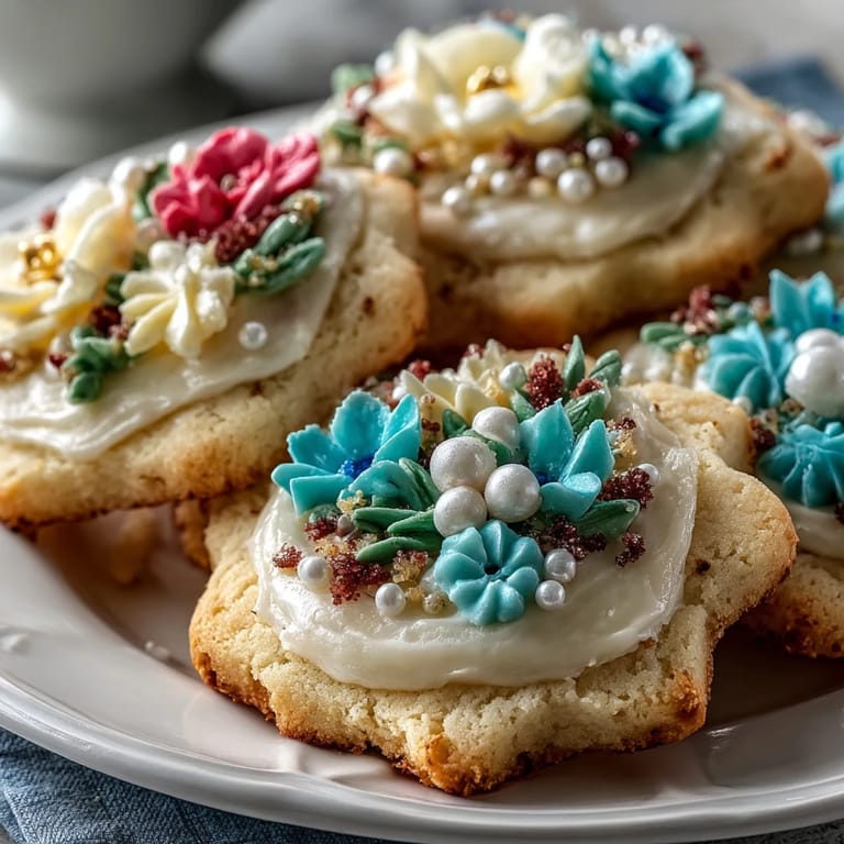 Buttery shortbread cookies cut into flowers and decorated with colorful royal icing, ideal for seasonal celebrations.  