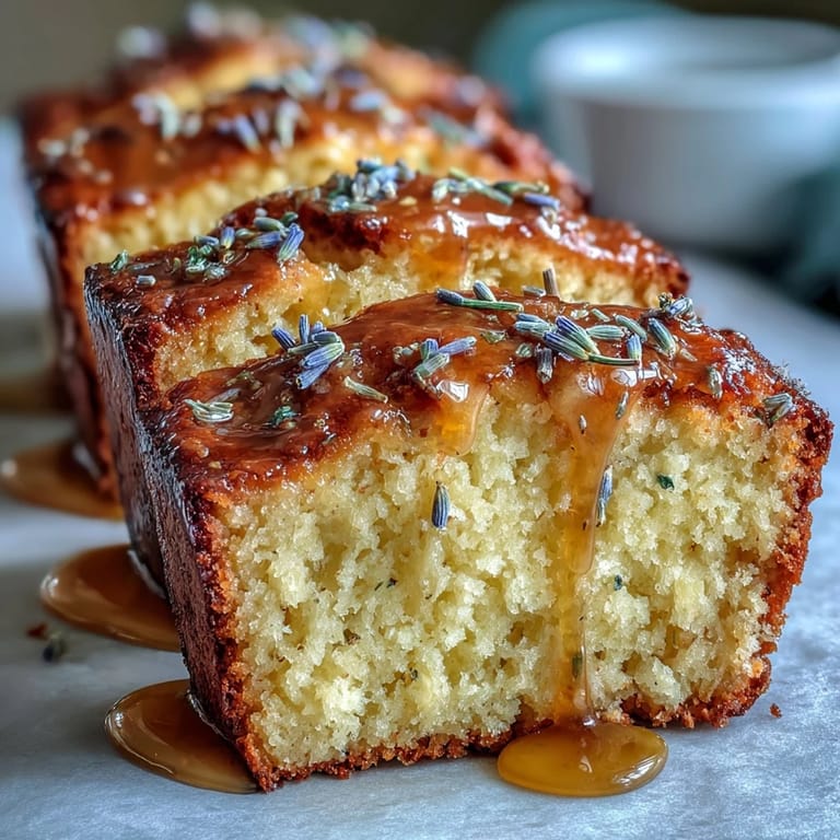 A beautifully baked lemon lavender loaf cake, drizzled with glistening honey glaze.