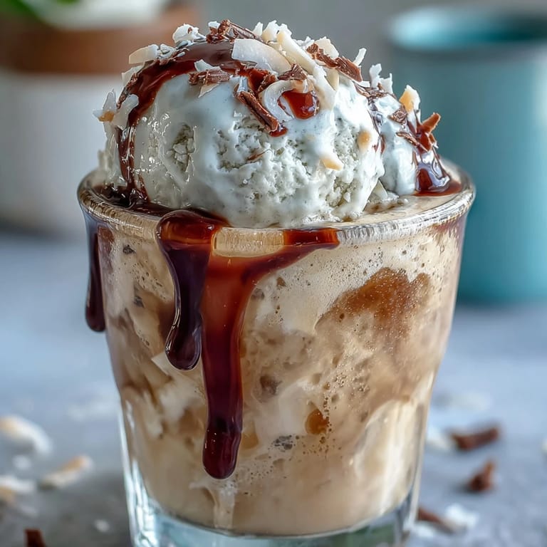 Refreshing coconut cold brew float topped with luscious vanilla bean ice cream scoops.