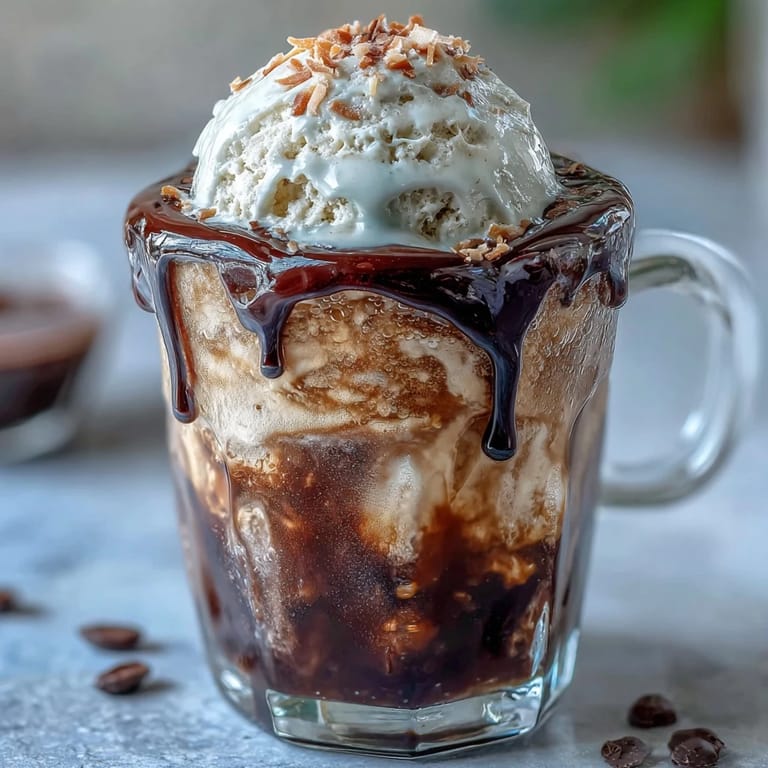 Tropical coconut cold brew float, topped with creamy vanilla ice cream and garnishes.
