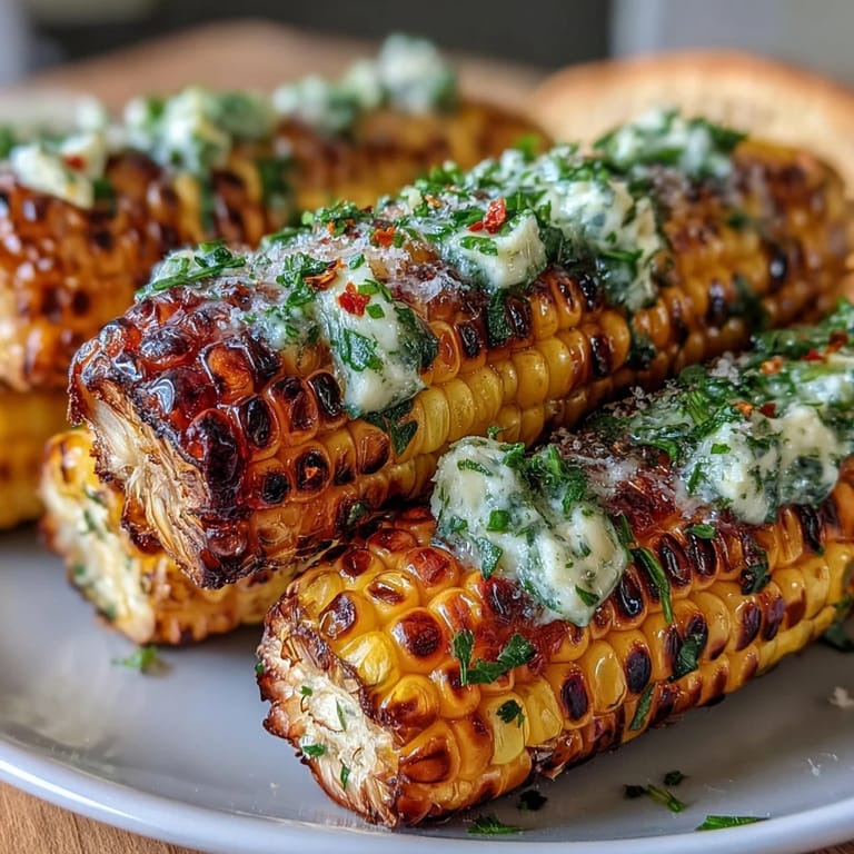Platter brimming with smoky grilled corn and tempting variations of herbed butter.
